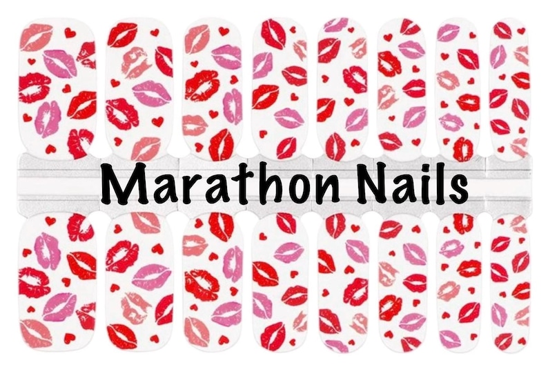 May include: Nail wraps with a white background, featuring red and pink lip prints and small red hearts. The text "Marathon Nails" is displayed in black.