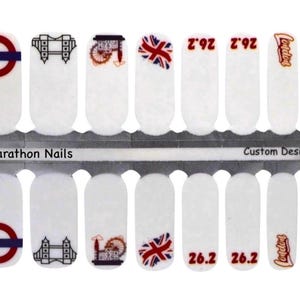 May include: Set of 12 nail wraps featuring London themed designs. The designs include the London Underground symbol, Tower Bridge, the London Eye, the Union Jack flag, the words "London" and "26.2", and a black silhouette of Big Ben.