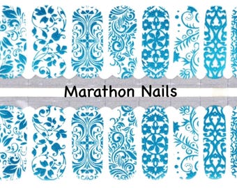 Blue Floral Overlay Nail Wraps, Nail Polish Strips, Nail Stickers