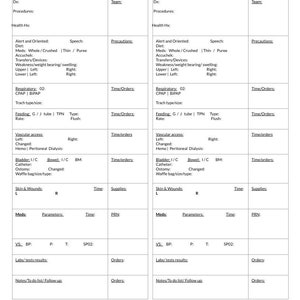 Puede incluir: Un formulario de historia clínica con encabezados para información del paciente, alergias, procedimientos, historial médico, signos vitales, medicamentos y órdenes. El formulario está dividido en dos columnas, con cada columna que contiene los mismos encabezados.
