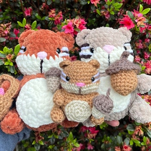 May include: Three crocheted stuffed animals, a brown squirrel, a brown and white tiger, and a gray and white tiger, all holding acorns. The animals are sitting on a hand in front of a bush of pink flowers.