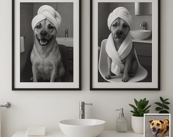Personalized Pet Portrait – Funny Bathroom Wall Art, Dog on Toilet Reading Newspaper, Custom Pet Photo, Bathtub Scene, Unique Pet Lover Gift