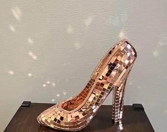 Disco Stiletto ~ Rose Gold Disco Mirror Tile High Heel Shoe ~ Acrylic & Glass Mirror Sculpture ~ Fun Disco Ball Decor ~ Unique Funky Gift