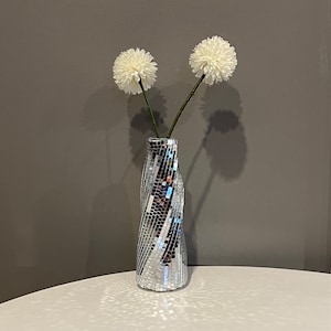 Disco Vase ~ Groovy Silver Disco Mirror Tile Flower Vase ~ Fun Disco Ball Sculpture ~ Tall Bottle-Shaped Vase ~ Unique Funky Gift
