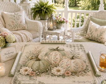 Sage Floral Pumpkin Mahjong Mat, Autumn Watercolor Game Table Cover