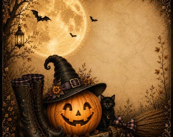 Whimsical Halloween Mahjong Mat | Witch Boots, Pumpkin, Harvest Moon (Non-Slip Game Mat)
