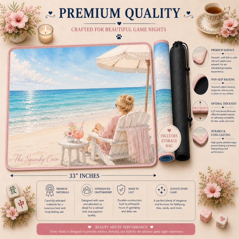 Premium beach Mahjong mat featuring durable construction, smooth playing surface, non-slip backing, and included storage bag.