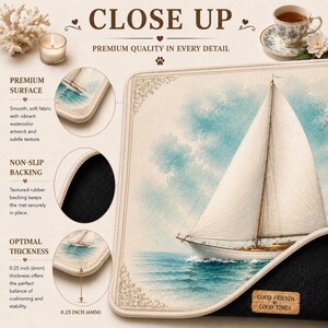 Detailed corner view of nautical sailboat Mahjong mat showing vintage border, ocean watercolor texture, premium stitching, and quality construction.