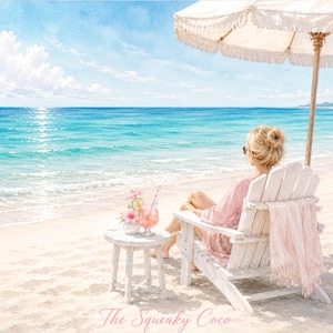 Beach-themed Mahjong mat featuring a woman relaxing in a chair by the ocean under a beach umbrella with turquoise waves and coastal scenery.