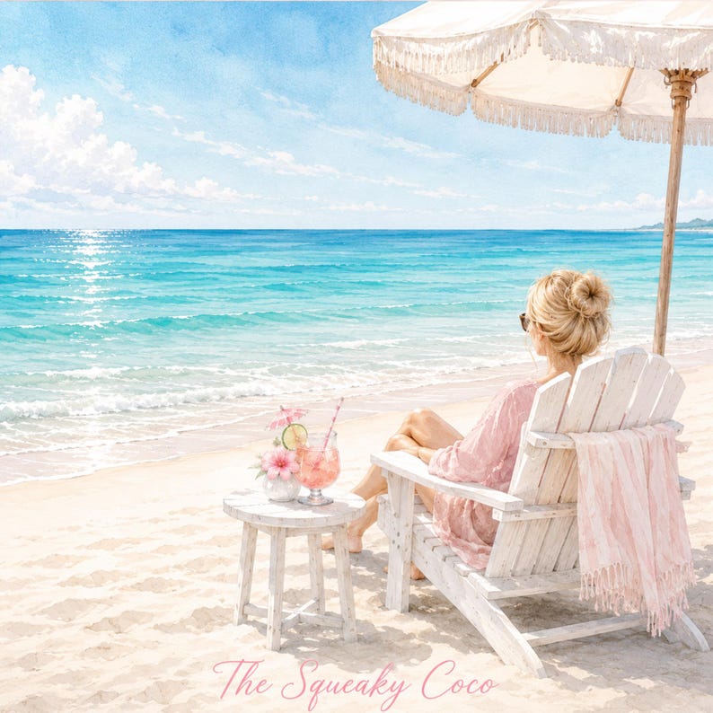 Beach-themed Mahjong mat featuring a woman relaxing in a chair by the ocean under a beach umbrella with turquoise waves and coastal scenery.