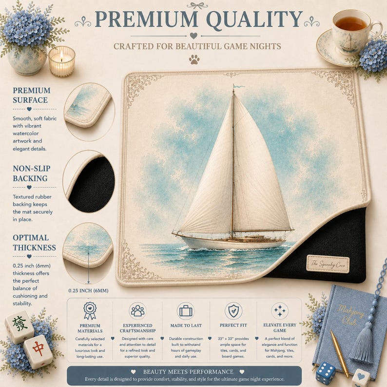 Close-up view of sailboat Mahjong mat highlighting detailed artwork, stitched edges, soft fabric surface, non-slip rubber backing, and cushioned thickness.