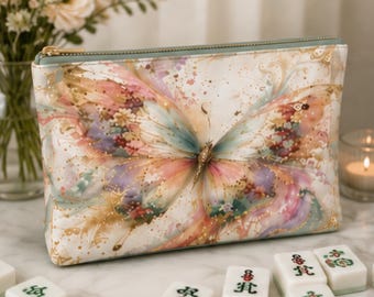 Bolsa para Peças de Mahjong Borboleta de Família | Estojo de Luxo para Armazenamento de Peças | Estojo com Zíper Verde Sálvia