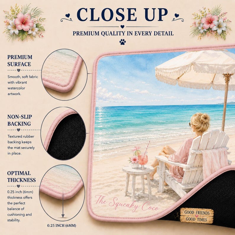 Close-up view of the beach Mahjong mat highlighting the soft fabric surface, non-slip backing, stitched edges, and premium 6mm thickness.