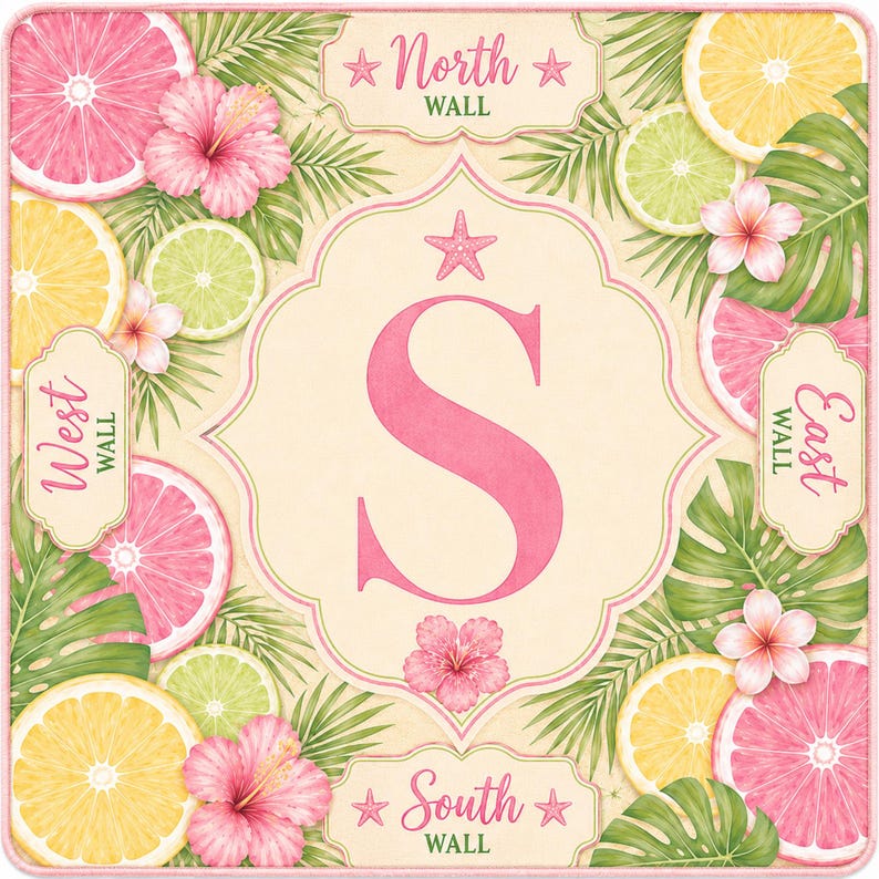 Coastal pink mahjong mat with custom monogram design, tropical citrus artwork, and roll-up storage bag shown in lifestyle mockup.