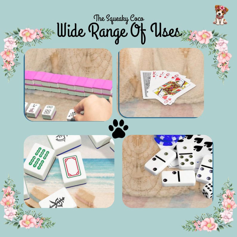Coastal watercolor mahjong mat displayed during gameplay with tiles, cards, and accessories for game night entertainment.