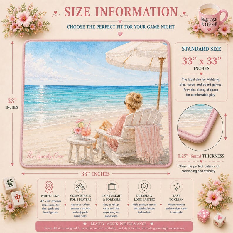33 x 33 inch beach Mahjong mat with size measurements, thickness details, and spacious playing surface for Mahjong tiles and accessories.