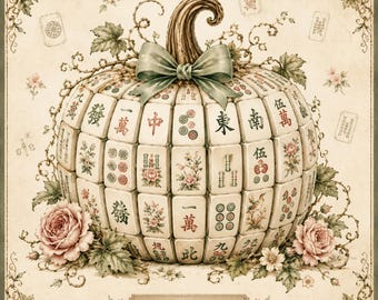 Vintage Mahjong Pumpkin Mat, White Pumpkin Floral Design, Neoprene Non-Slip Surface