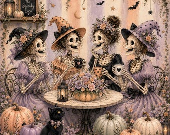 Whimsical Skeleton Halloween Mahjong Mat | Pastel Gothic Coffee Party