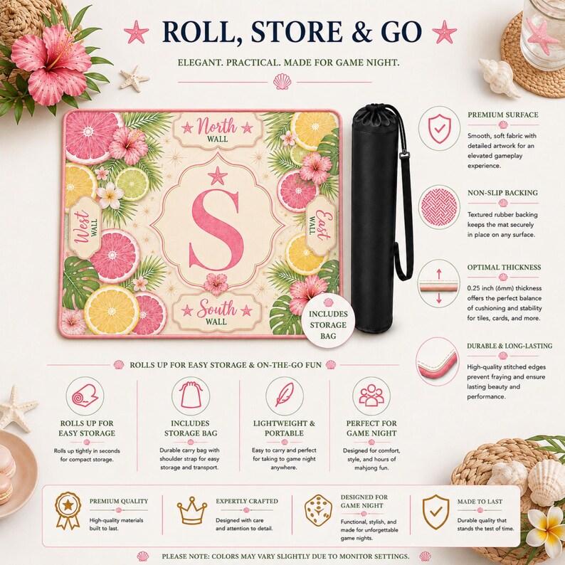 Pink tropical mahjong game mat featuring grapefruit, lemon, lime, hibiscus flowers, and custom monogram centerpiece.