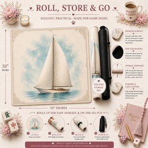 Portable sailboat Mahjong mat rolled for storage with carrying bag, premium surface, non-slip backing, and easy transport for game nights.