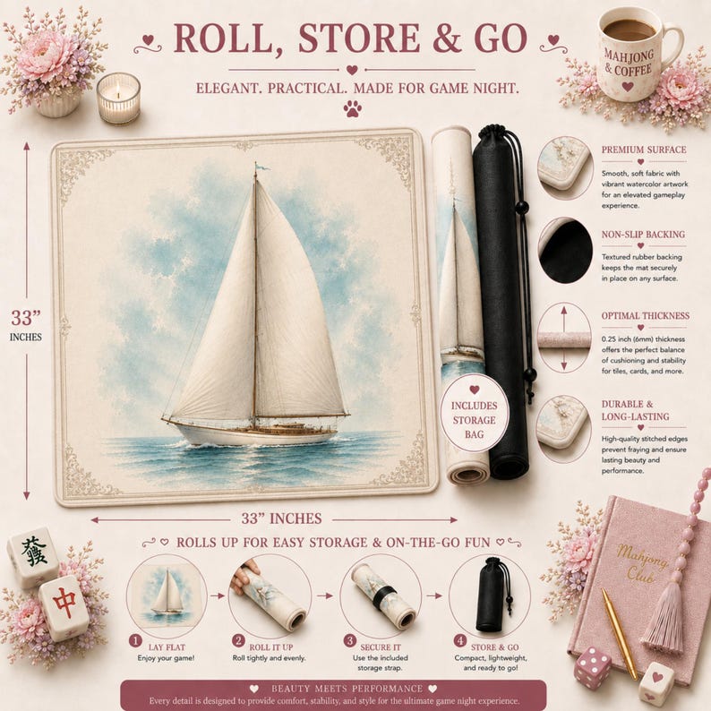 Portable sailboat Mahjong mat rolled for storage with carrying bag, premium surface, non-slip backing, and easy transport for game nights.