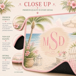 Close-up of personalized beach Mahjong mat showing smooth fabric surface, stitched edges, non-slip backing, and custom initials.