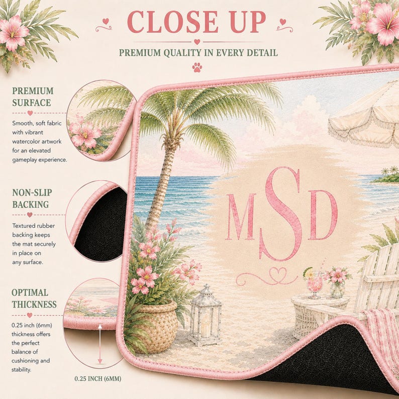 Close-up of personalized beach Mahjong mat showing smooth fabric surface, stitched edges, non-slip backing, and custom initials.
