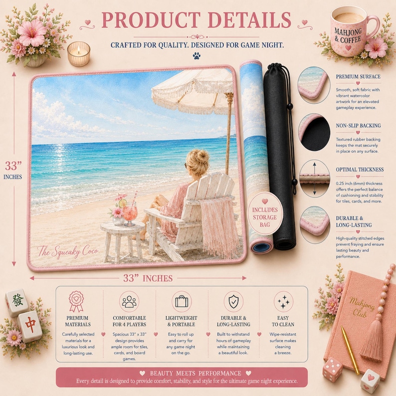Beach Mahjong mat showcasing premium materials, comfortable gameplay surface, portability, durability, and easy-care construction.