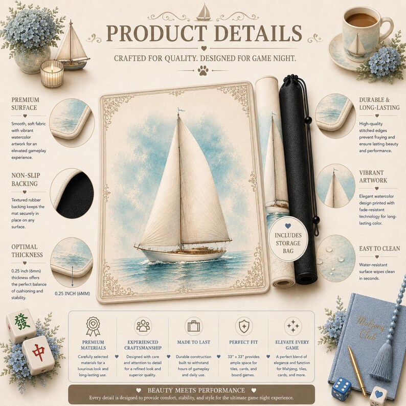 Elegant sailboat Mahjong mat with ivory background, turquoise watercolor accents, premium non-slip backing, rolled storage bag, and detailed product features.
