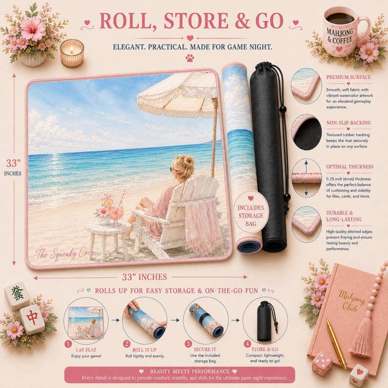 Beach Mahjong mat with included storage bag, showing how the mat rolls up easily for travel, storage, and game nights on the go.