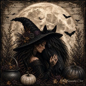 May include: A person wearing a black witch hat with floral accents, embracing a black horse against a large full moon background. A black cauldron, a white pumpkin, and a dark pumpkin are present. The text The Squeaky Coco is visible.