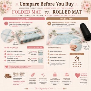 Comparison chart showing benefits of rolled Mahjong mats versus folded mats, highlighting flat play surface, durability, and wrinkle-free storage.