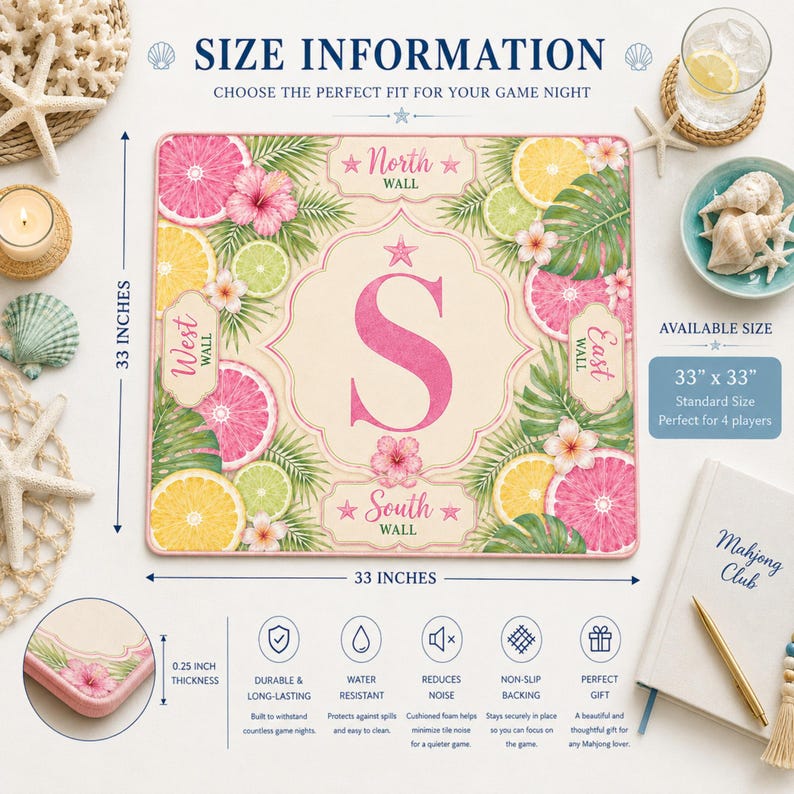 Personalized tropical mahjong mat with pink monogram S, citrus fruit accents, palm leaves, and premium quality product detail layout.