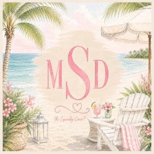 Personalized beach Mahjong mat featuring custom monogram initials on a coastal scene with palm trees, ocean view, and beach chair.