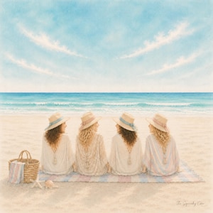 Watercolor beach mahjong mat featuring four best friends sitting on the sand overlooking a turquoise ocean under a soft blue sky.