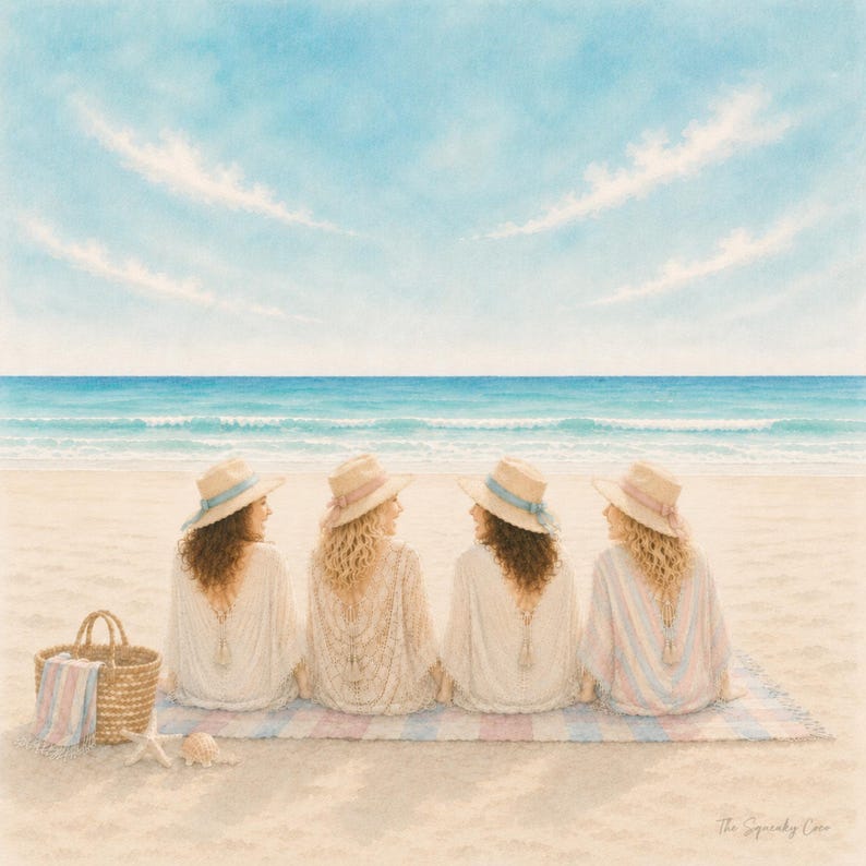Watercolor beach mahjong mat featuring four best friends sitting on the sand overlooking a turquoise ocean under a soft blue sky.