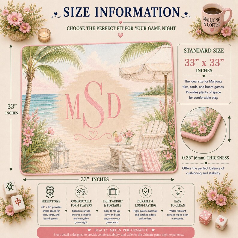 33 x 33 inch personalized beach Mahjong mat with custom monogram, size measurements, and premium 6mm thickness.