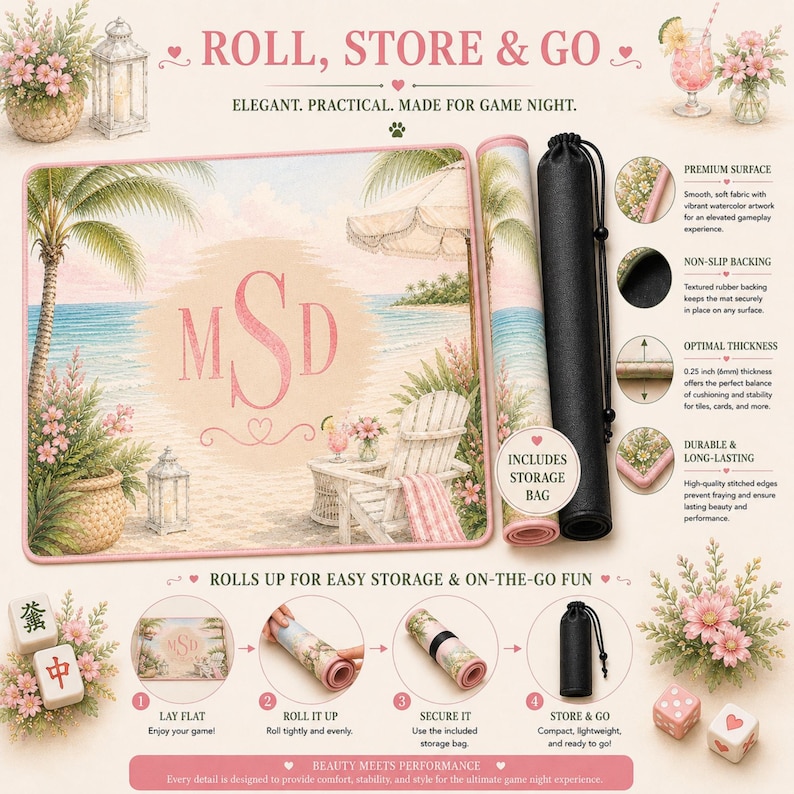 Custom beach Mahjong mat rolled for easy storage and travel with included carrying bag for Mahjong game nights.