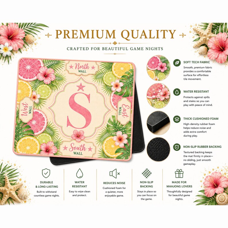 Premium personalized mahjong mat with non-slip backing, cushioned foam, and tropical Palm Beach inspired citrus design.