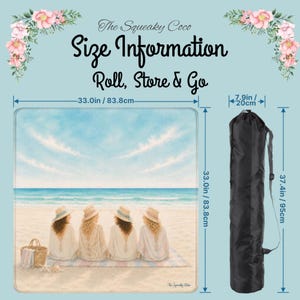 Personalized beach mahjong mat size information showing mat dimensions, storage bag, and rolled travel size.