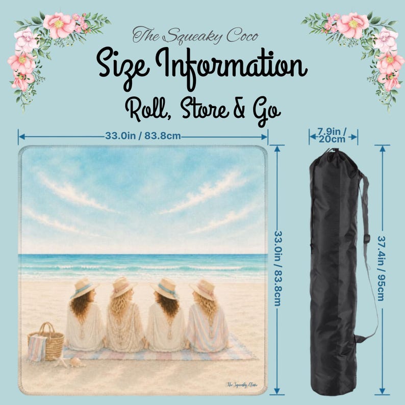 Personalized beach mahjong mat size information showing mat dimensions, storage bag, and rolled travel size.