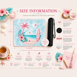 Size information infographic for the beach Mahjong mat with storage bag, premium surface details, and 33-inch dimensions.