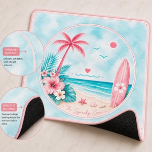Close-up detail view of the tropical beach Mahjong mat showing premium fabric surface and non-slip rubber backing with curled edge display.