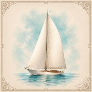 Elegant sailboat Mahjong mat with ivory background, turquoise watercolor accents, premium non-slip backing, rolled storage bag, and detailed product features.