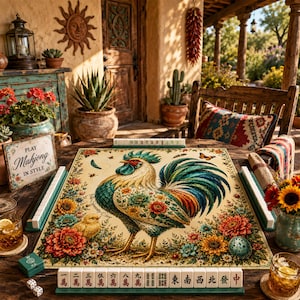 Floral Rooster Mahjong Mat | Farmhouse Chicken Game Table Runner, Non-Slip