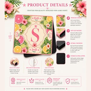 Coastal mahjong table mat with tropical fruit pattern, stitched edges, and premium surface shown in detailed product infographic.