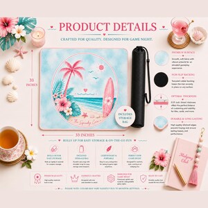 Product details mockup featuring the pastel beach Mahjong mat with tropical decor, storage bag, and gameplay feature highlights.