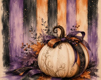 Vintage Halloween Mahjong Mat | Elegant Cream Pumpkin & Purple Bow