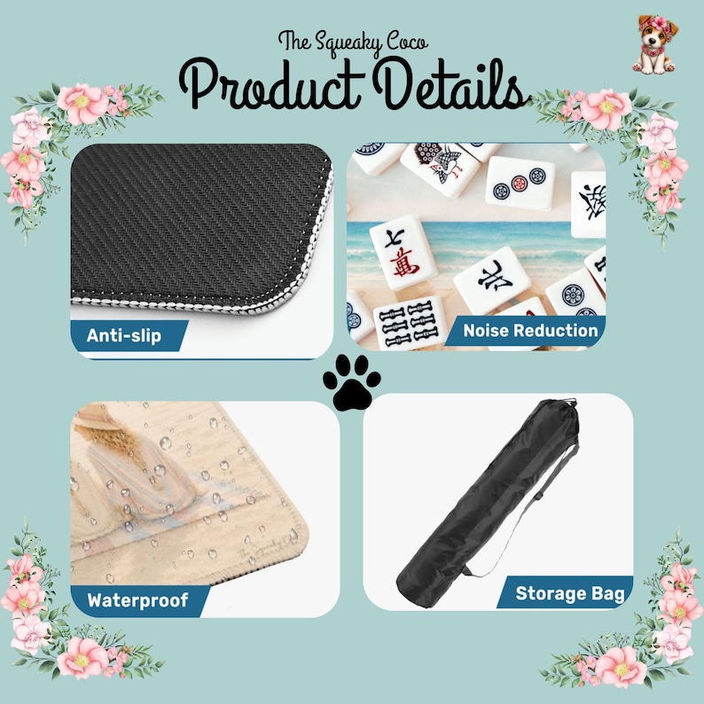 Premium mahjong mat details showing stitched edges, non-slip rubber backing, waterproof surface, and storage bag.