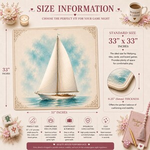 33 x 33 inch sailboat Mahjong mat size guide showing dimensions, thickness, durability, portability, and spacious playing surface for four players